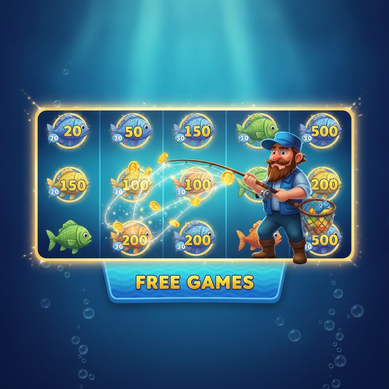 Fishin Frenzy free games feature with fisherman wild collecting fish prize values on screen