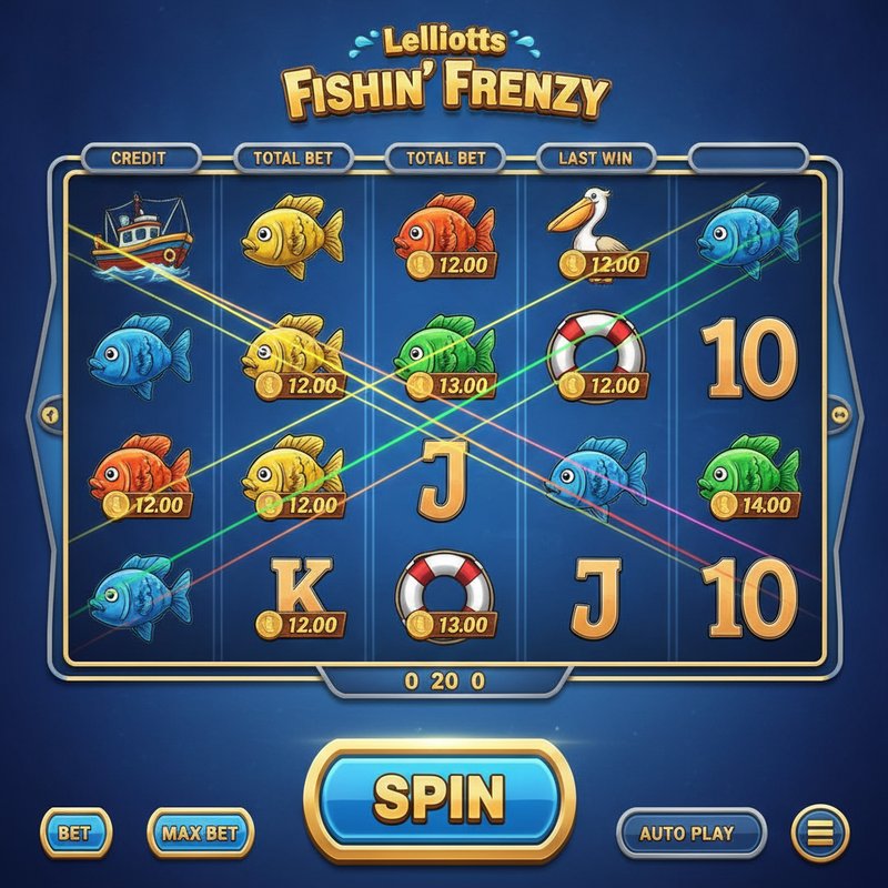 Fishin Frenzy gameplay showing coloured paylines across the 5 by 3 reel grid with active win lines
