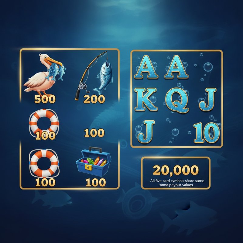 Fishin Frenzy paytable showing pelican, fishing rod, life preserver, tackle box and card symbol payouts